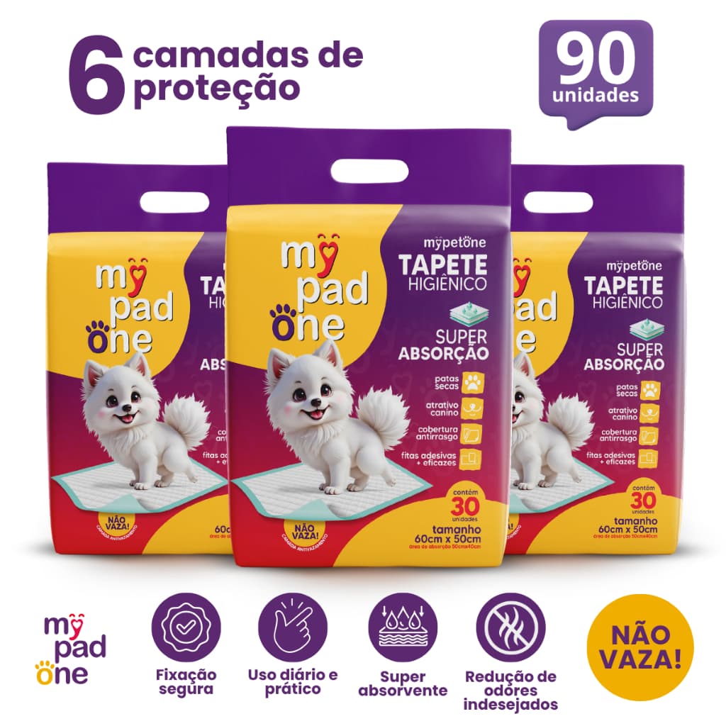 Kit 3 Tapete Higiênico Premium Slim para Caes MyPadOne 60x50 cm Ultra Absorção Envio Imediato - 90 unidades