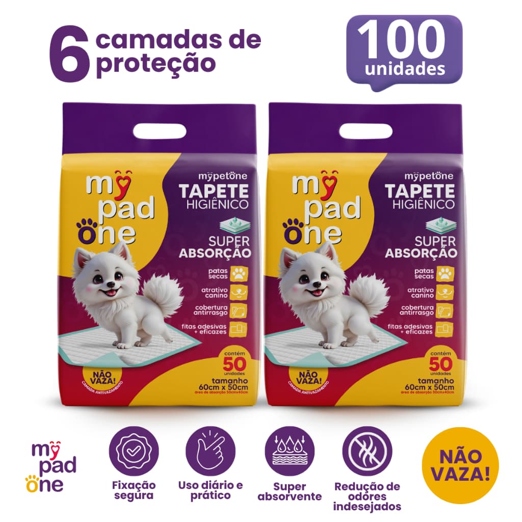 Kit 2 Tapete Higiênico Premium Slim para Caes MyPadOne 60x50 cm Ultra Absorção Envio Imediato - 100 Unidades