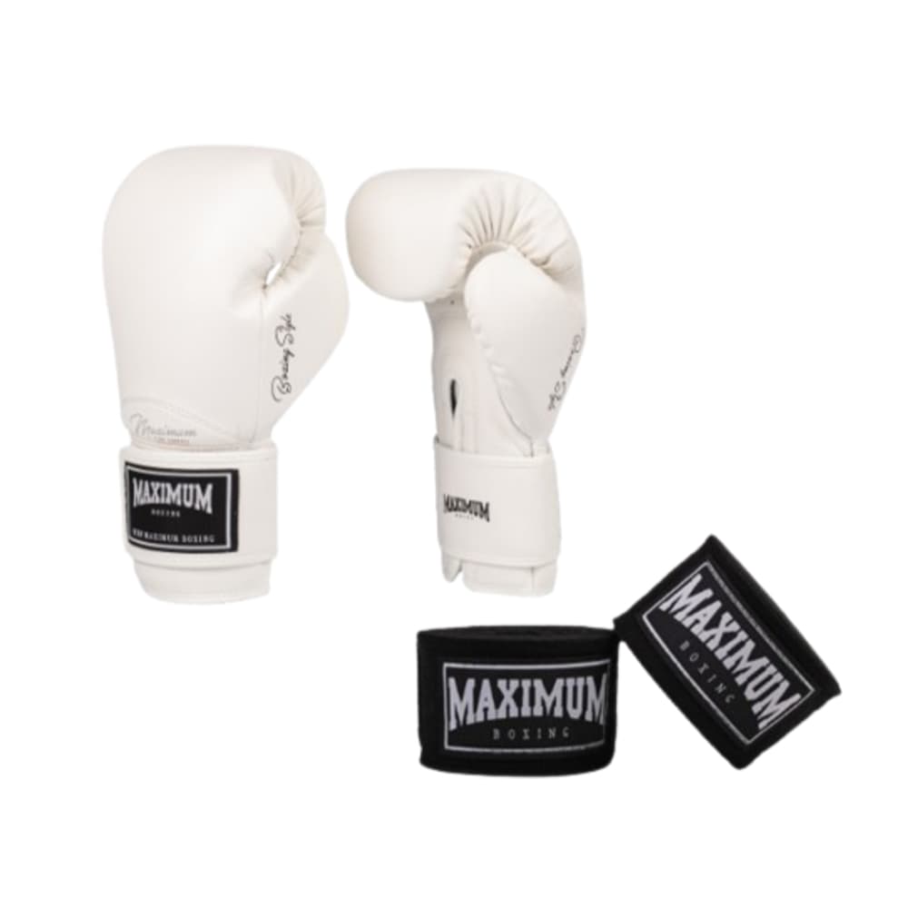 Luva Iniciante Linha Classic White para Muay Thai e Boxe + Bandagem de 3 ou 5 Metros - Marca Maximum