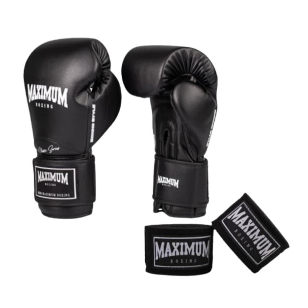 Luva Iniciante Linha New Classic Black para Muay Thai e Boxe + Bandagem de 3 ou 5 Metros - Maximum