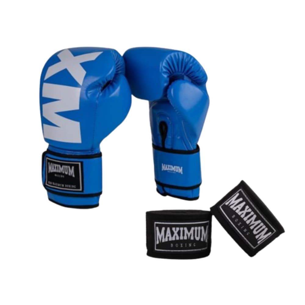 Luva Iniciante para Muay Thai e Boxe Linha MXM Blue + Bandagem de 3 ou 5 Metros - Marca Maximum