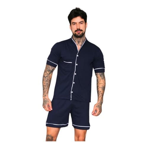 Pijama Masculino De Algodão Com Botões Confortável