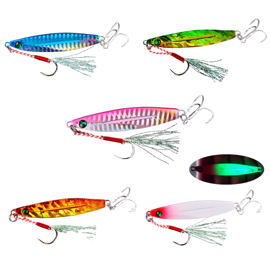 Kit 5 Iscas ou Unidade Jig Metálico Holográfico 14g - Disponível em 5 Cores - Com Garatéia e Suporte Hook - Pronta Uso