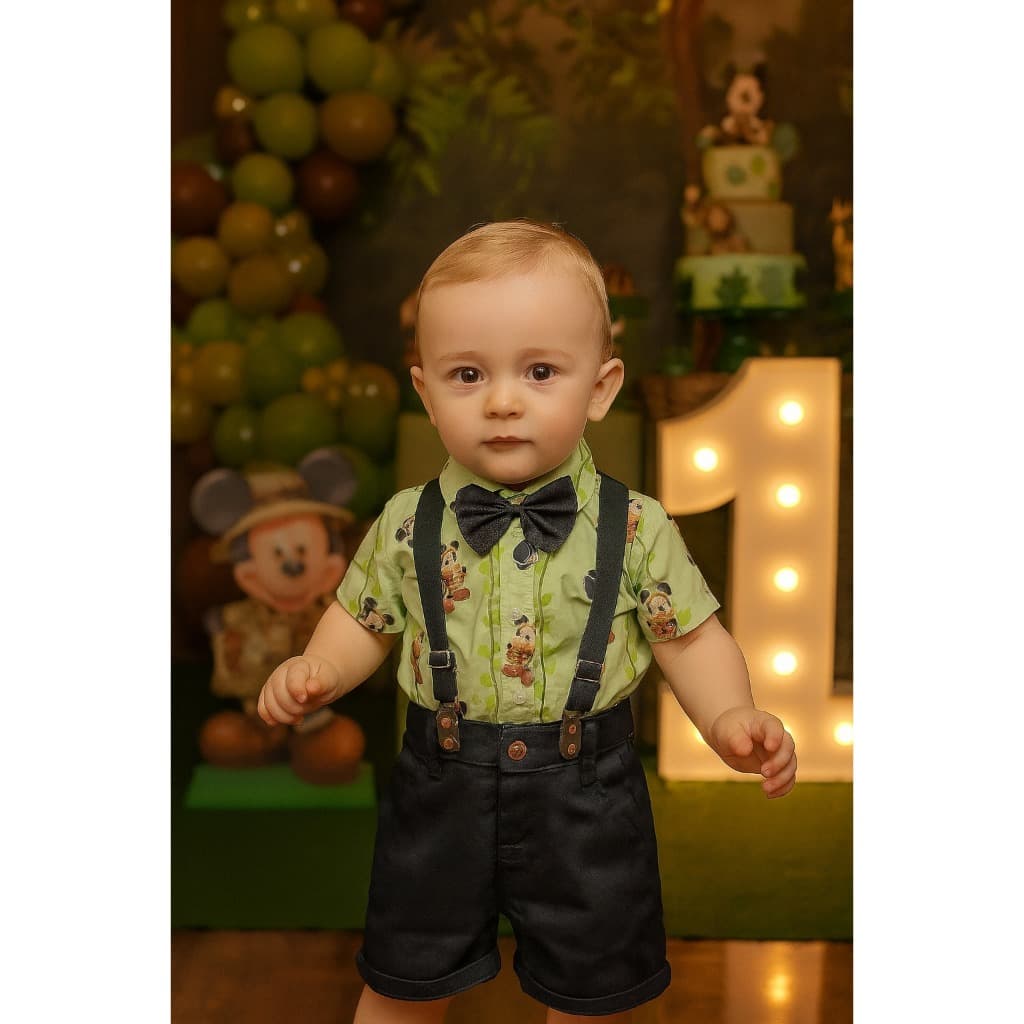 Conjunto Temático Mickey Safari Menino – Festa Infantil com Suspensório e Gravata