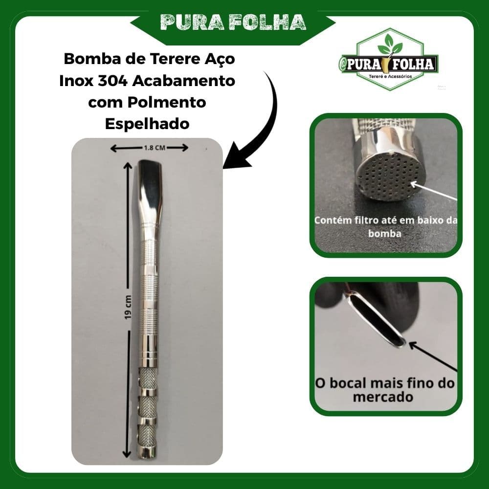 Bomba de Tereré Tipo Canudo -Inox Polido 24cm de Comprimento