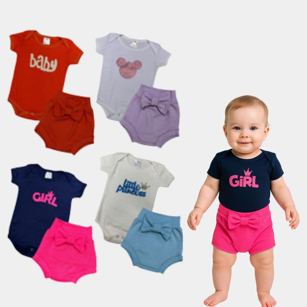 Kit 8 Peças de Roupa Bebê Menina - Conjunto Body Curto + Shorts laço Oferta Relâmpago