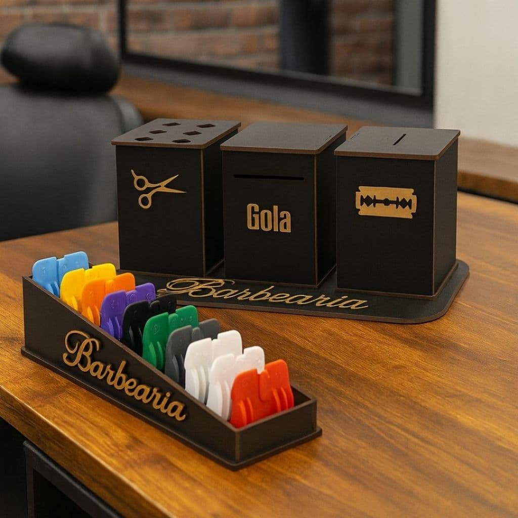 Kit Barbearia Descarte Para Lâminas + Porta Tesouras + Suporte + Porta Pente