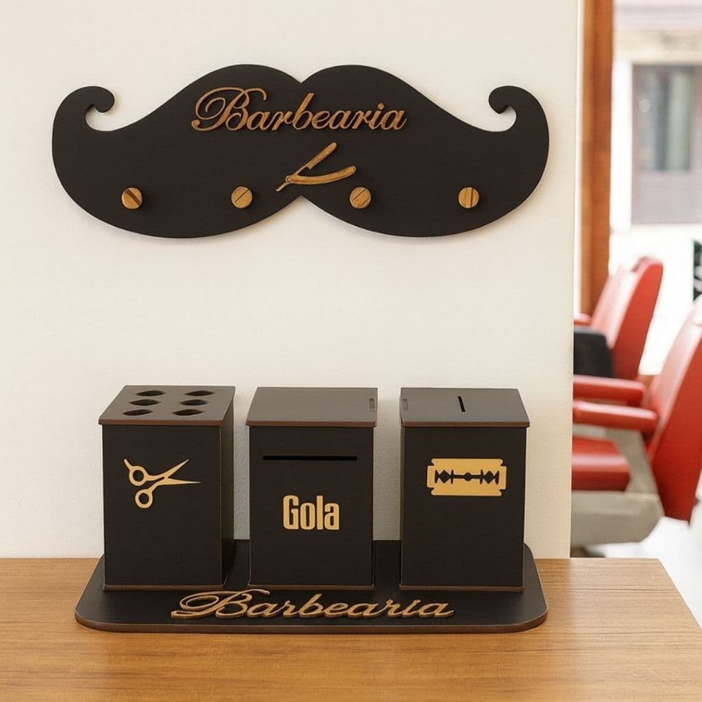 KIT Barbearia Descarte Para Lâminas + Porta Tesouras + Suporte + Cabideiro