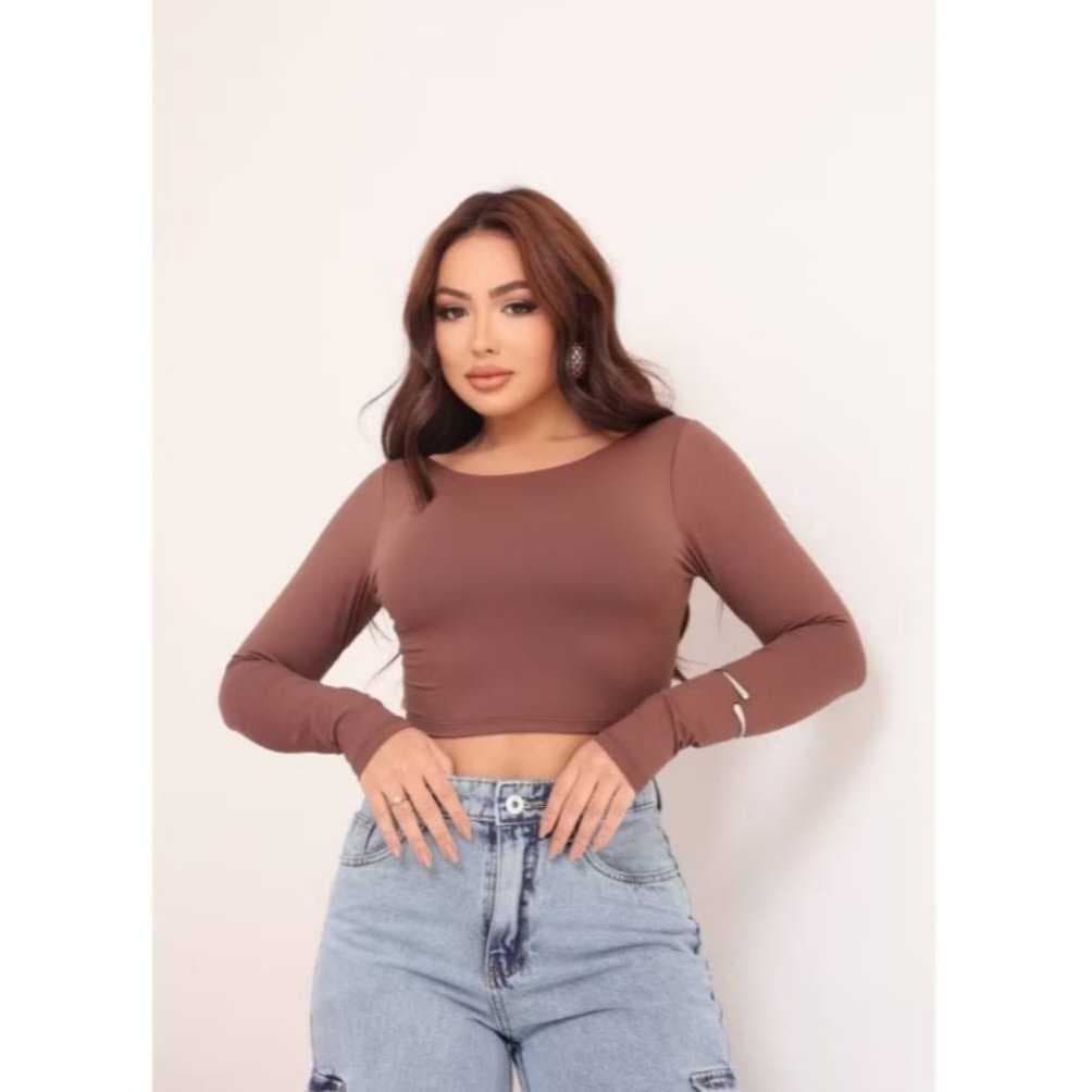 Cropped Feminina Maria Costas Nua Manga Longa Tecido Suplex Inverno Outono Elegante Moda Blogueira Tendencia