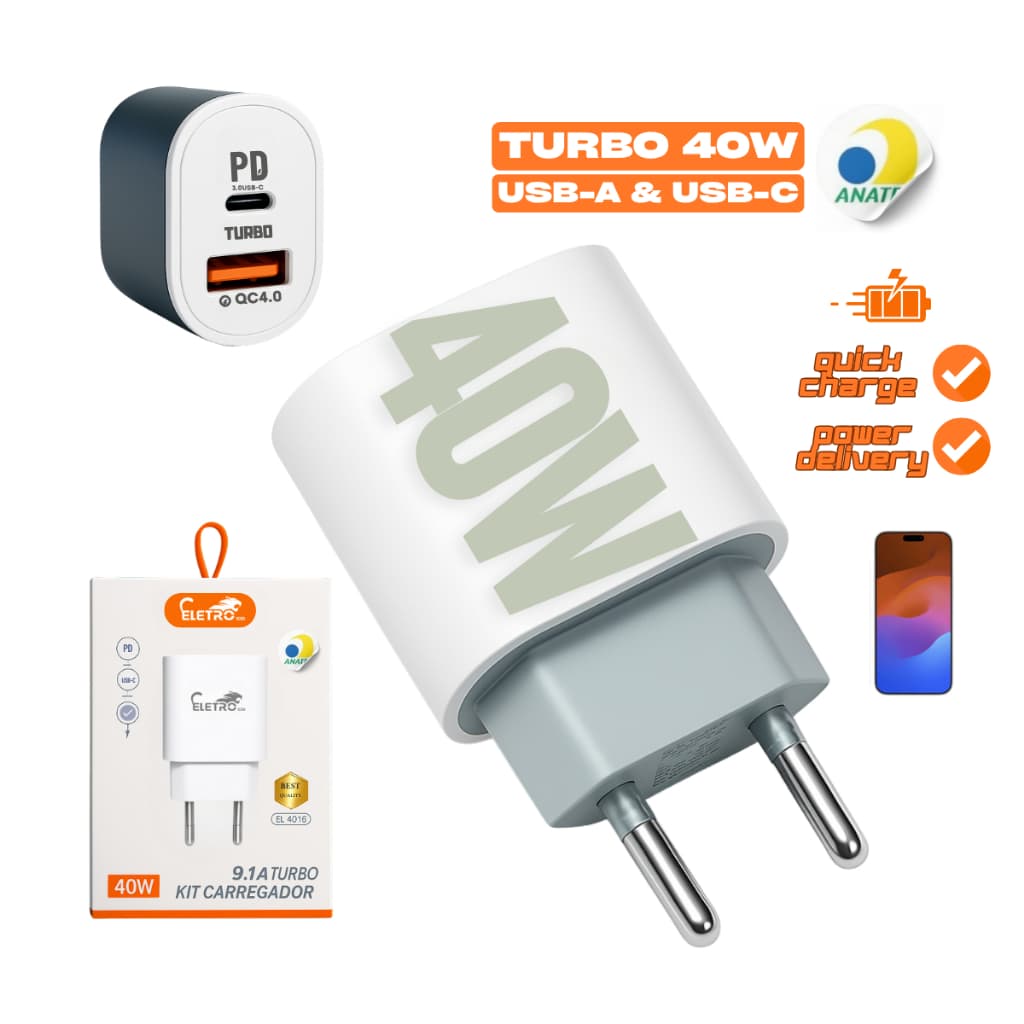 Carregador Turbo 40w Para iPhone 12 13 14 15 16 USB-C USB-A