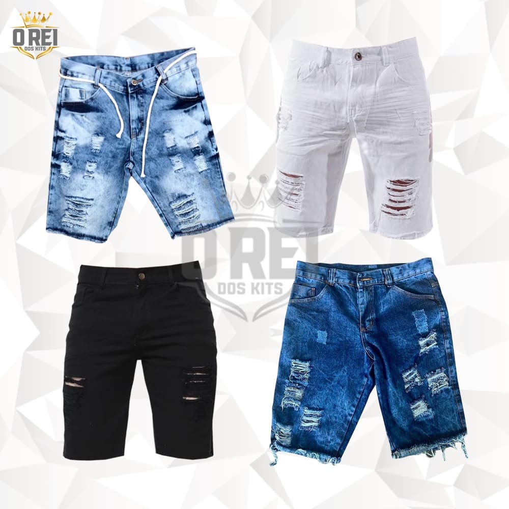 4 Shorts Jeans Rasgado Masculino Bermuda Da Moda Desfiada Kit com 4 Short Para Homem