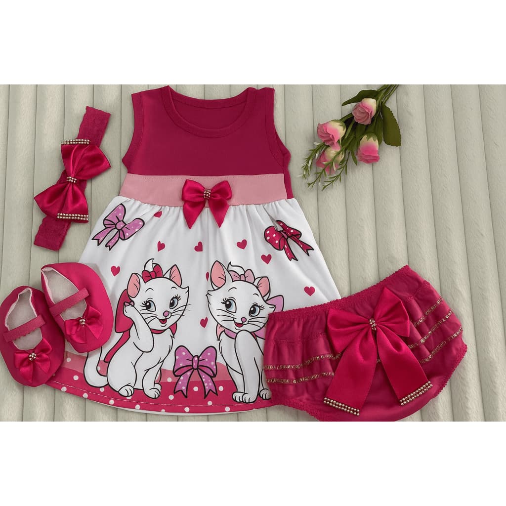 Kit 4 Peças Vestido Mêsversário Bebê Menina Faixa De Cabelo, Calcinha Bunda Rica, Sapatinho