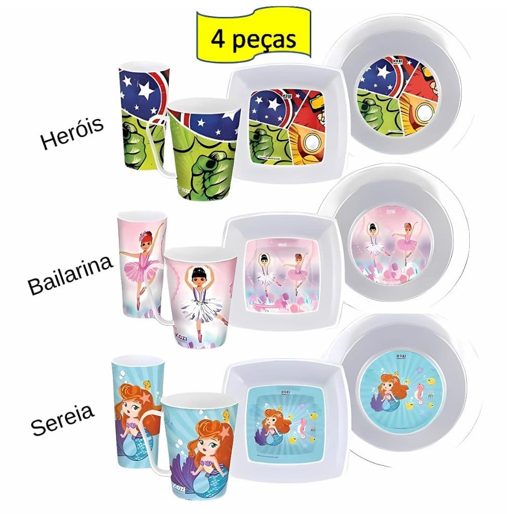Kit 4 Peças Refeição Infantil Copo Caneca Pratos Lanche e Fundo Heróis Bailarina Sereia