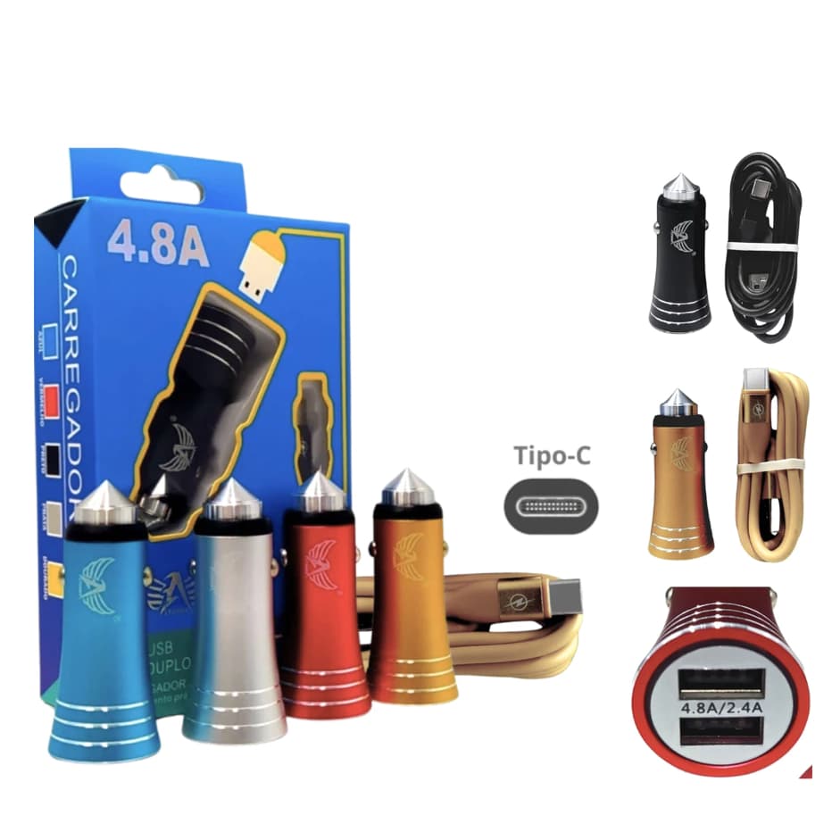 KIT Carregador Veicular Turbo + Cabo V8 4.8A Altomex, Entrada USB Dupla - LINHA PREMIUM
