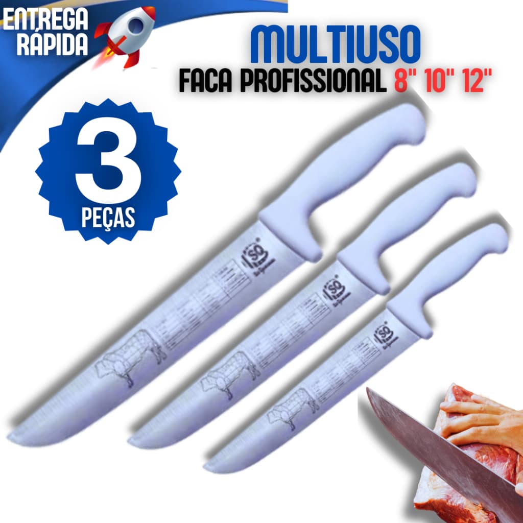 Kit Faca 8" Faca 10" e Faca12” Inox Cabo Branco Casa Churrascaria Churrasco Açougue Cozinha