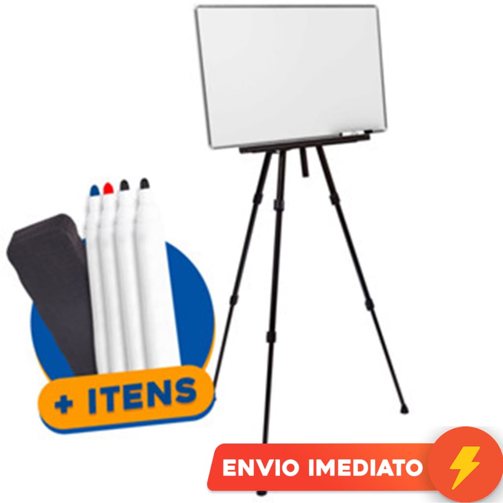 Lousa Quadro Branco 70x50cm Caneta Apagador + Tripé Cavalete Profissional Ajustável + 4 Marcadores + 1 Apagador