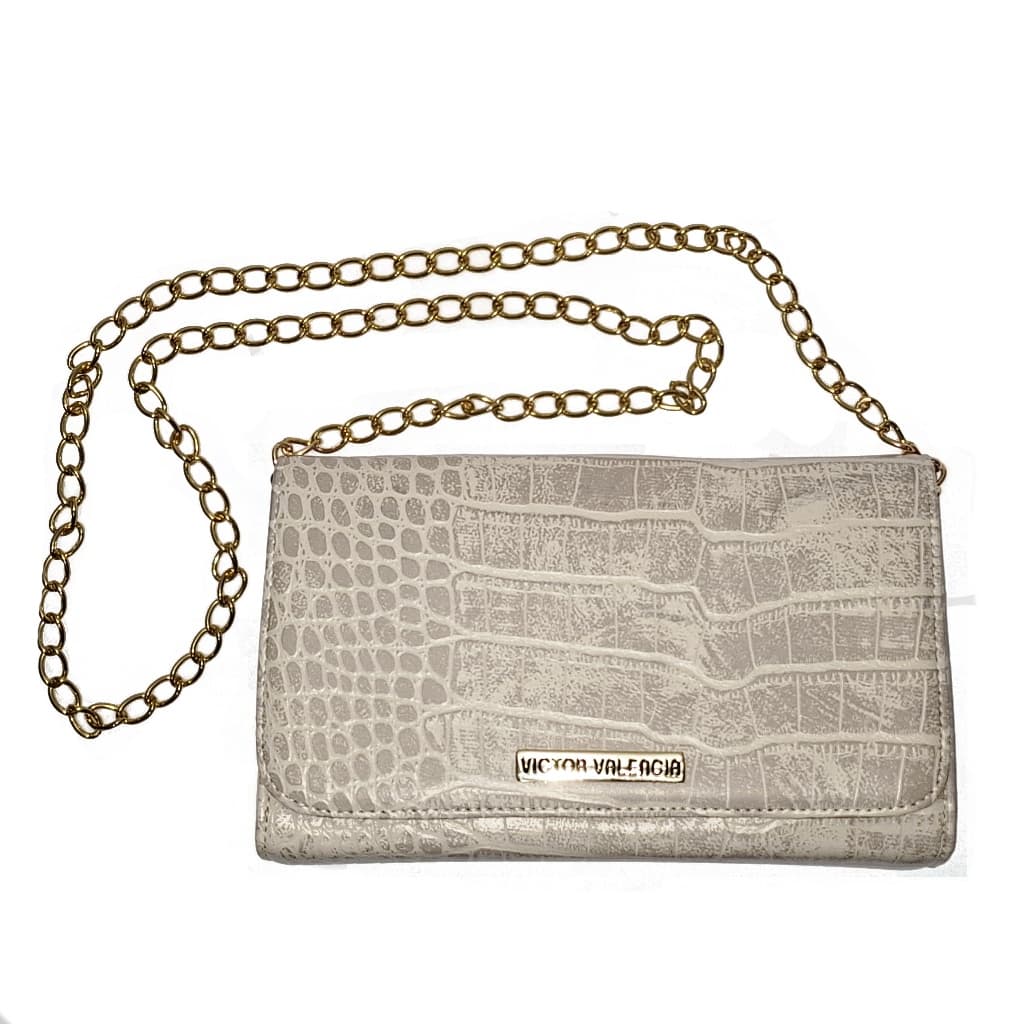 Bolsa carteira crocodilo bege, estampa crocodilo, corrente metálica dourada, fecho magnético, Victor Valencia