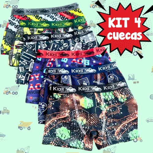 Kit 4 Cuecas Boxer Infantil Box Menino de Microfibra Estampas Variadas