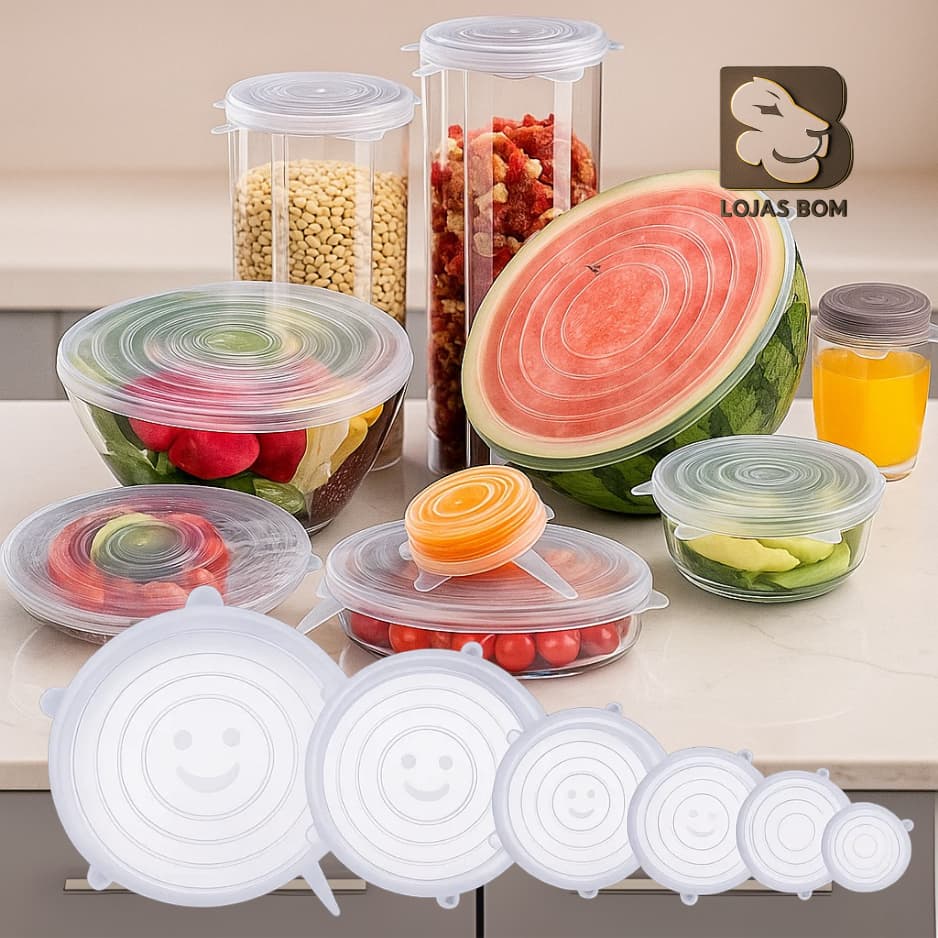 Kit 6 Tampas de Silicone Reutilizáveis Flexíveis Herméticas Universal para Potes Tigelas e Frutas