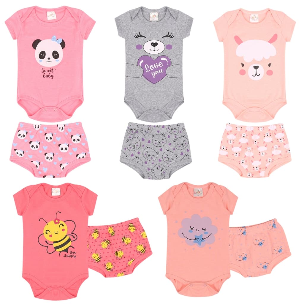 kit 12 peças body curto e shorts menina -  6 conjuntos feminino - roupa infantil Oferta Relâmpago