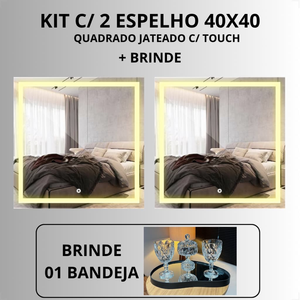 Kit 2 Espelhos Quadrado 40x40 Jateado Com Led 3 Cores Touch Aparador Decorativo Lavabo + Bandeja