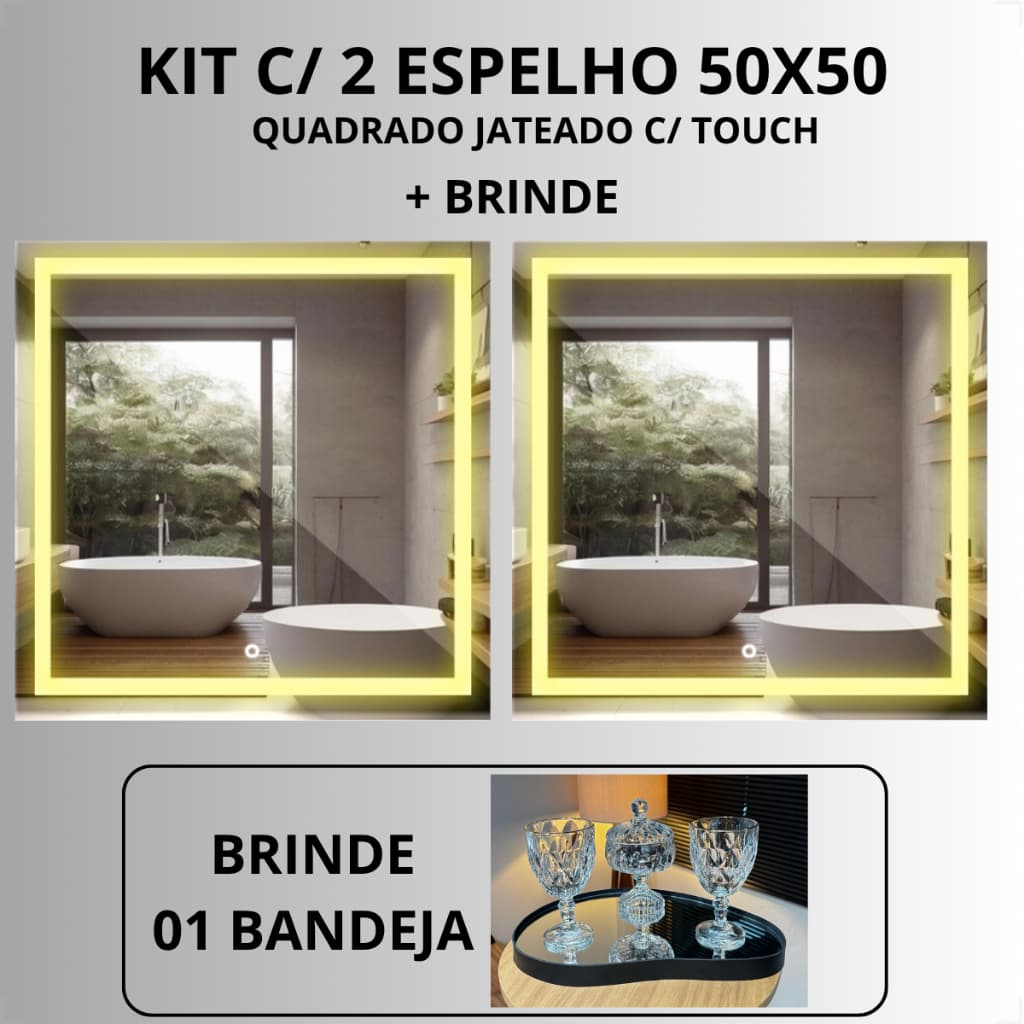 Kit 2 Espelho Quadrado Jateado 50x50 Com Luz de LED 3 cores sensor Touch Screen Bivolt de Luxo Decorativo + bandeja