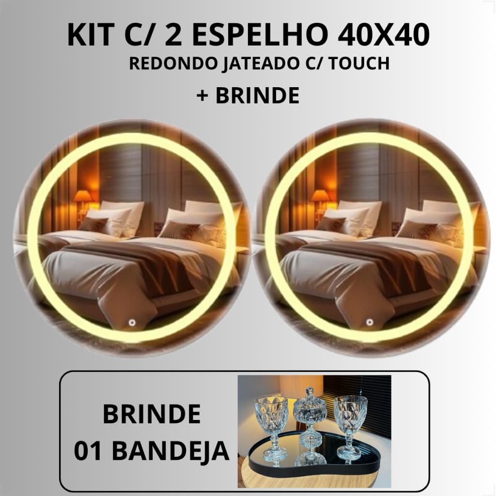 Kit 2 Espelhos Redondo Jateado 40x40 Com Led 3 Cores Touch Luxo Decorativo Lavabo e Ganhe Bandeja Espelhada Exclusiva