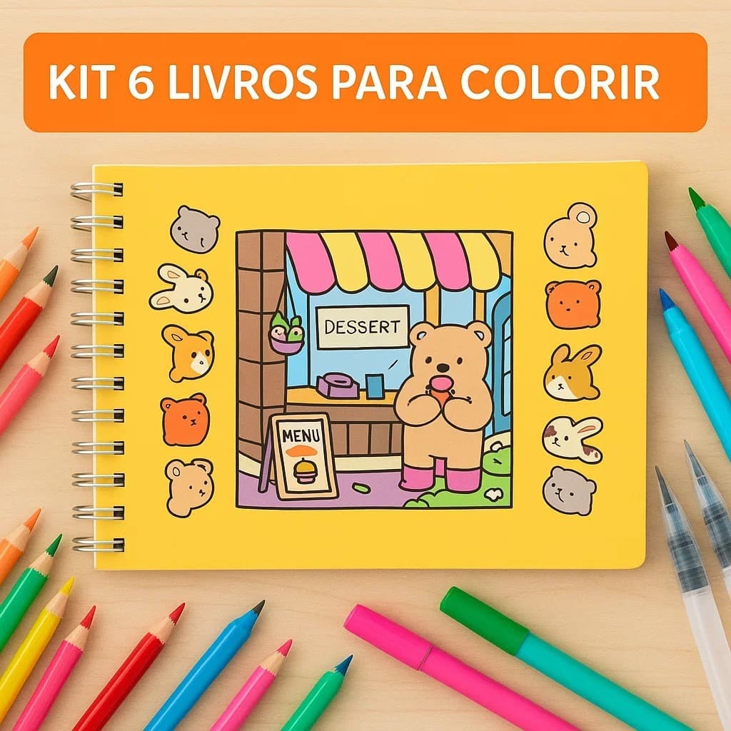 Kit 6 Livros de Colorir Desenho 50 Folhas Caderno Capa Dura Infantil Anti Estress