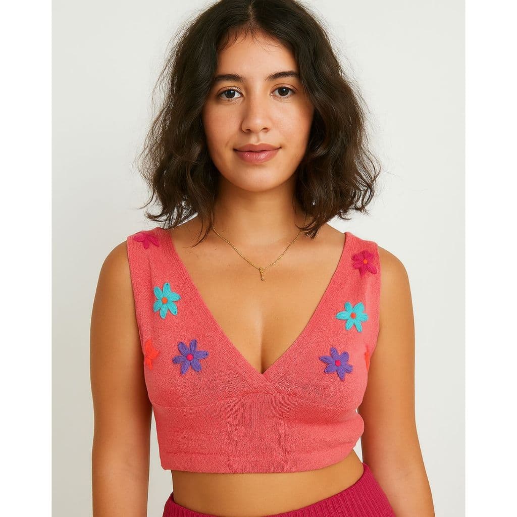Cropped Top Tricot Modal, Detalhes de Margaridas Bordadas