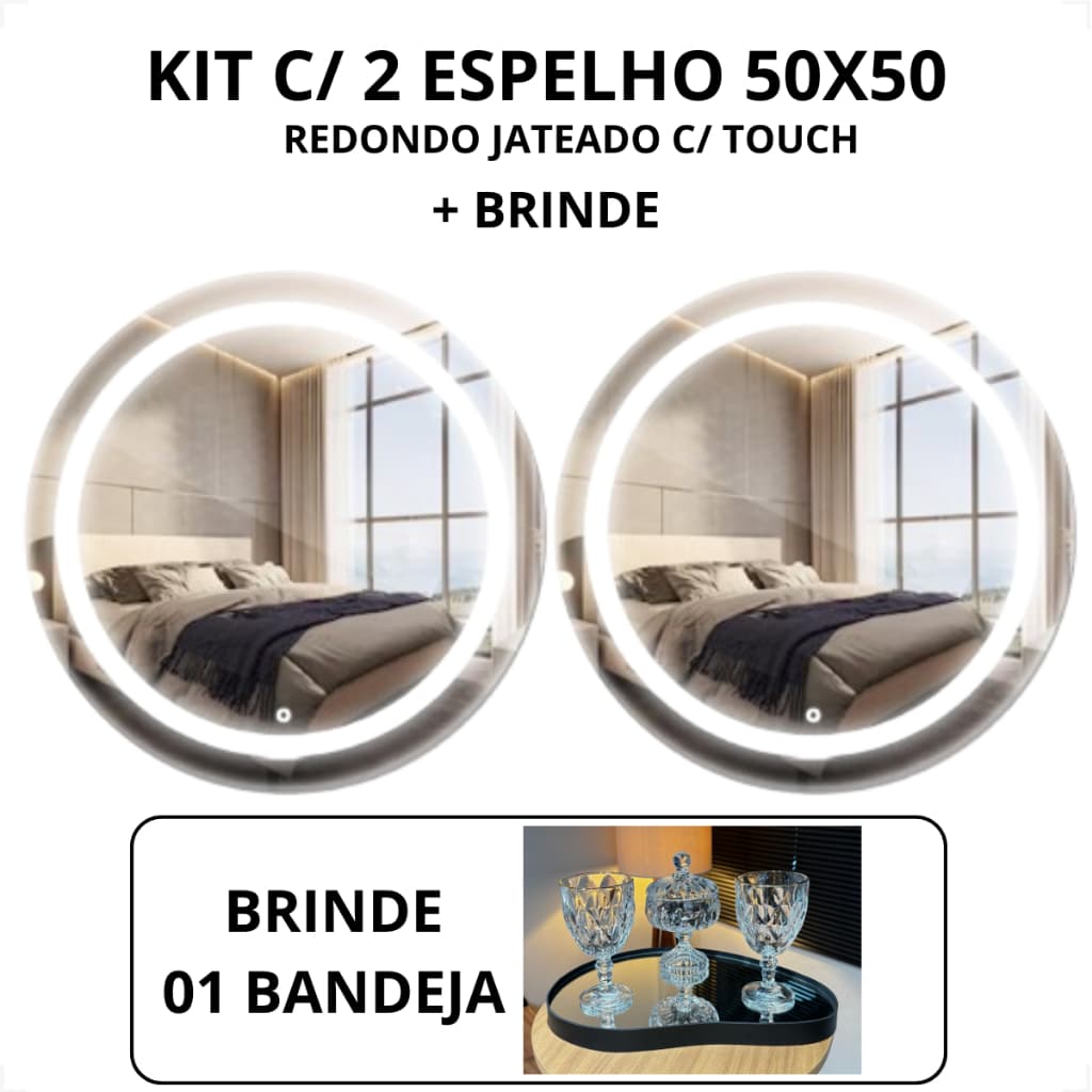 Kit 2 Espelho Redondo Jateado 50x50 Com Luz de LED 3 cores sensor Touch Screen Bivolt de Luxo Decorativo + Bandeja