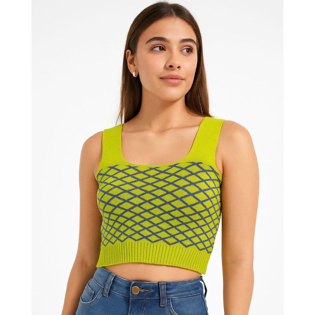 Cropped Tricot Alça Larga Estampa de Losangos