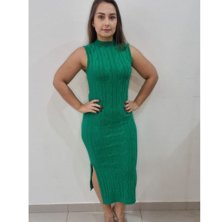 Vestido Midi Feminino Tricot Modal com Trança Gola Redonda Sem Manga Fenda Elegante Festa