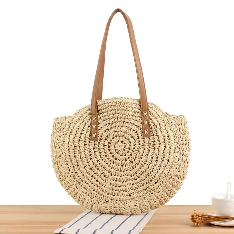 Bolsa de palha rendonda grande feminina praia de ombro