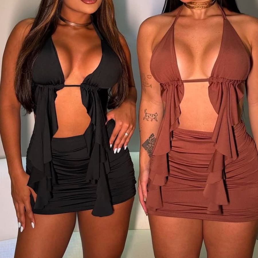 Conjunto Top Cropped Babado Sereia e Saia Curta