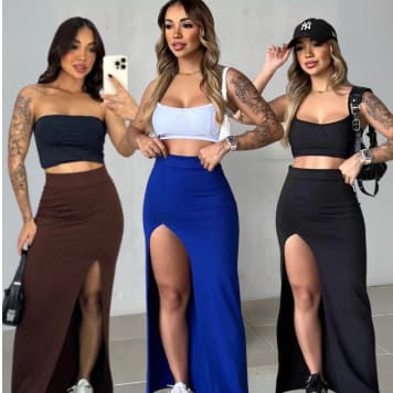 Saia Longa Feminina Fenda Lateral com Elastico na Cintura Casual Tecido Ribana  Moda Verão