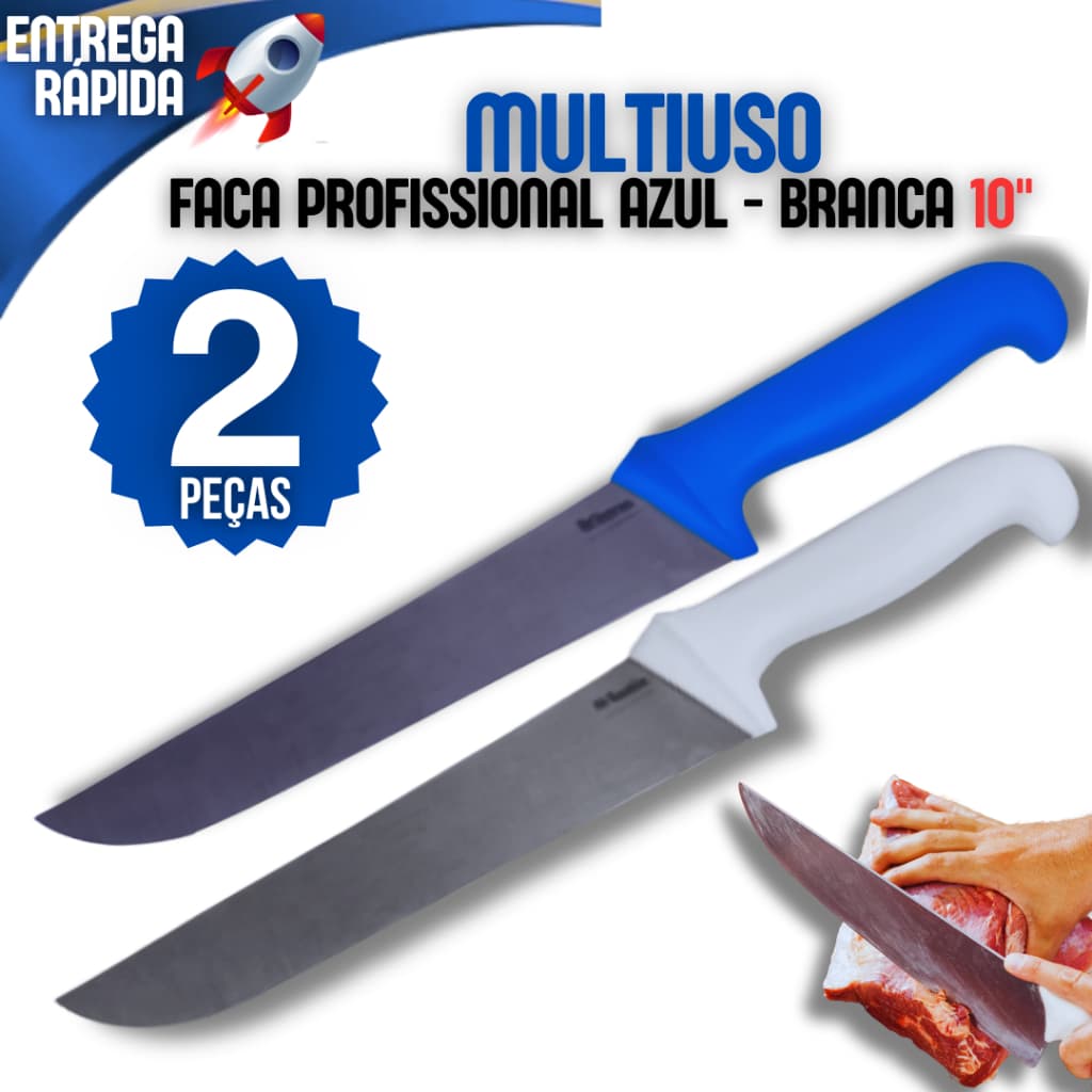 Kit 2 Facas 10" Azul e Branca Casa Açougue Açougueiro Churrascaria Cozinha Faca Afiada