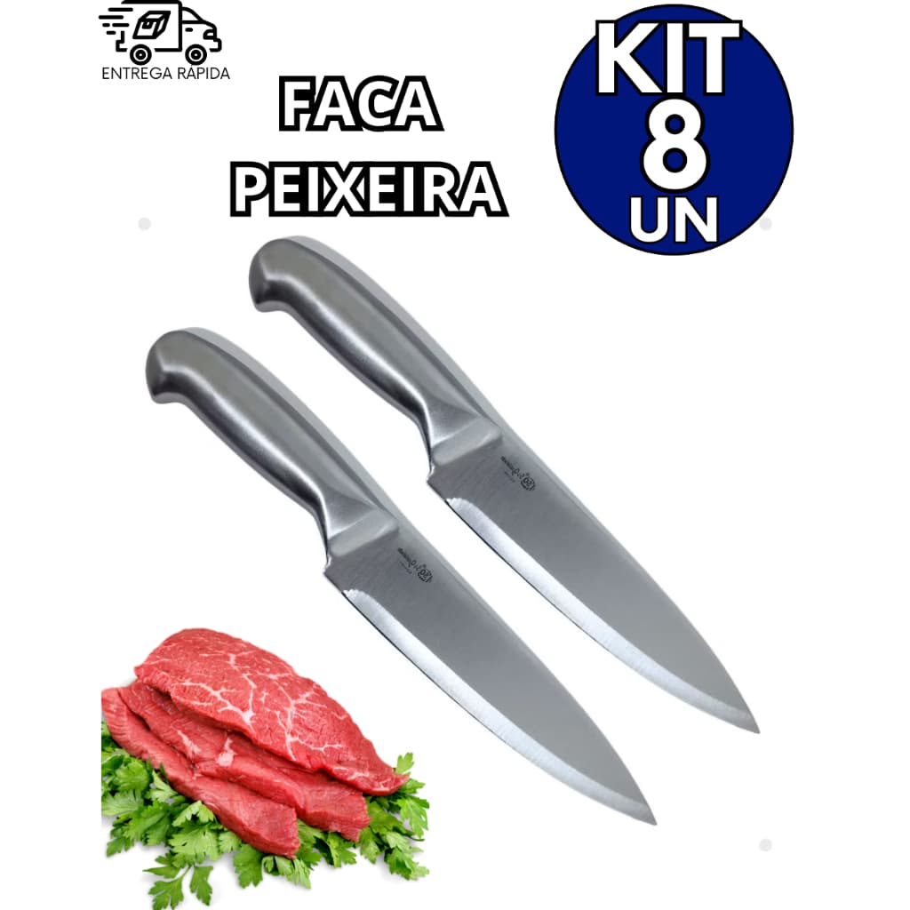 Kit 8 Faca peixeira Forjada em Aço Inoxidável de Corpo Único Casa Cozinha Lanchonete Cantina