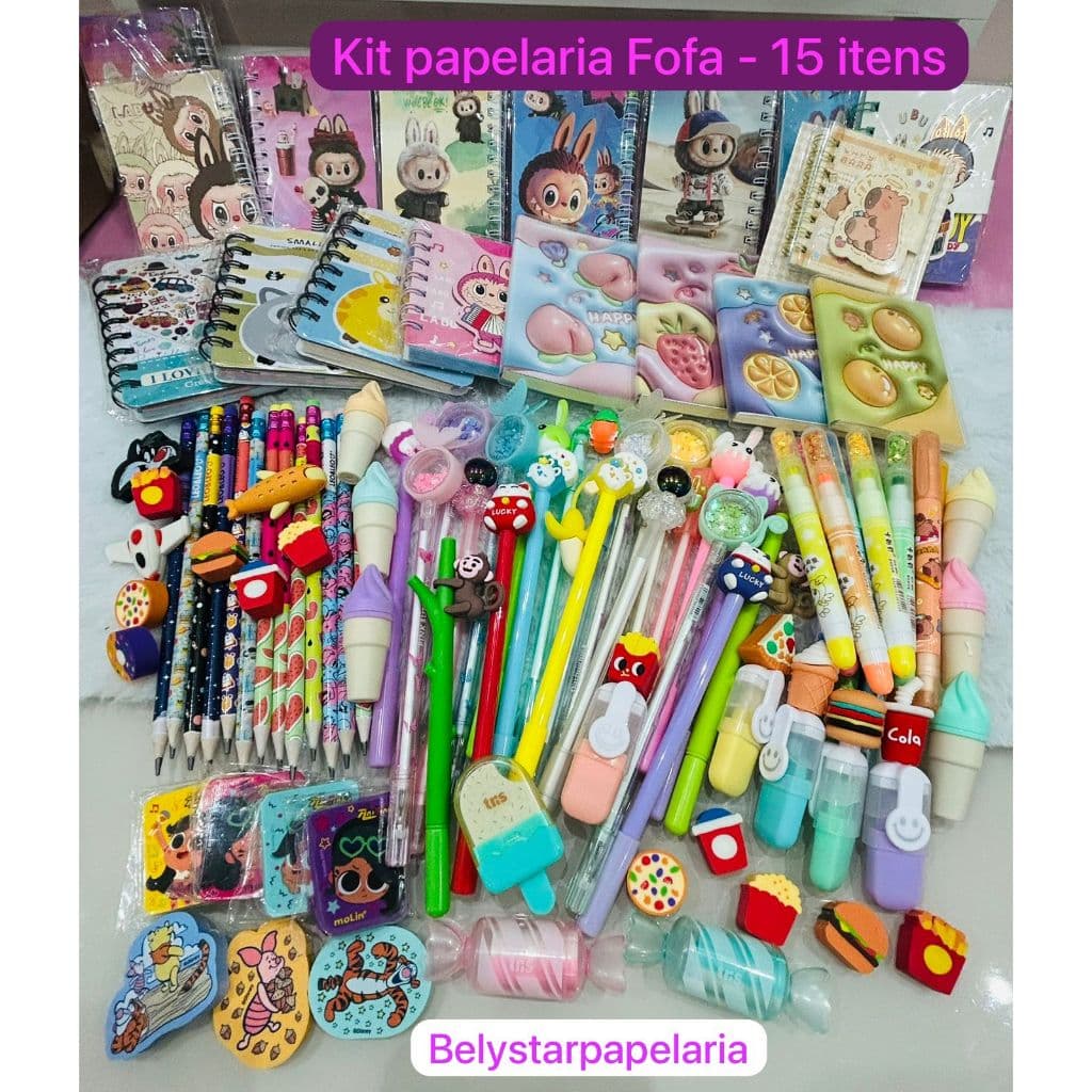 Kit Papelaria Fofa Criativa com 15 itens kawaii / Material escolar / kit escolar / Presente Menina Mulher