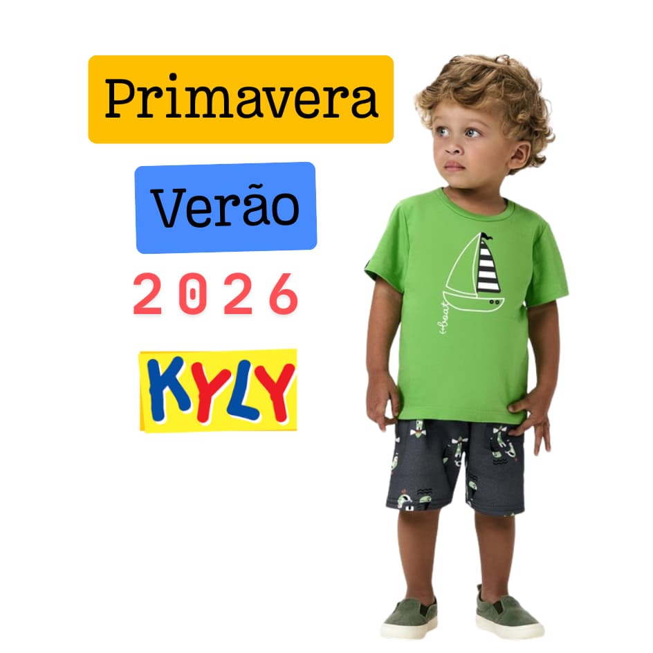 Conjunto Menino Kyly camiseta meia malha bermuda moletom sem felpa coleção Primavera Verão 2026