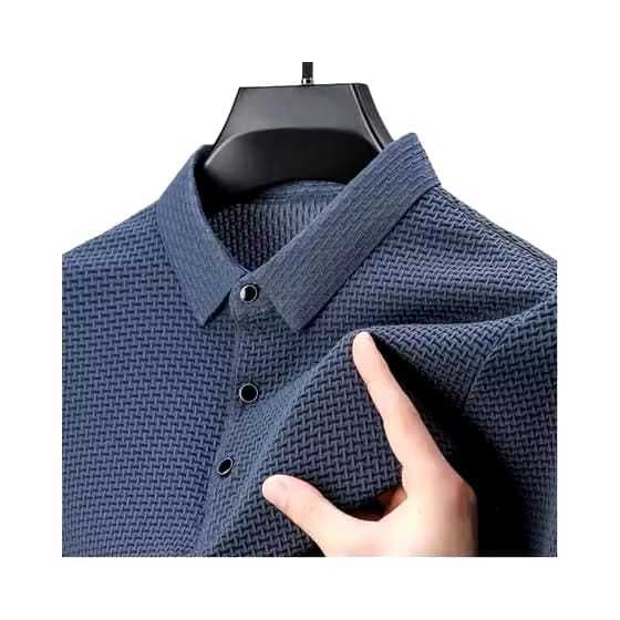 Camisa Masculina Gola Polo Texturizada Manga Curta Gelada Elegante Cor Sólida Verão