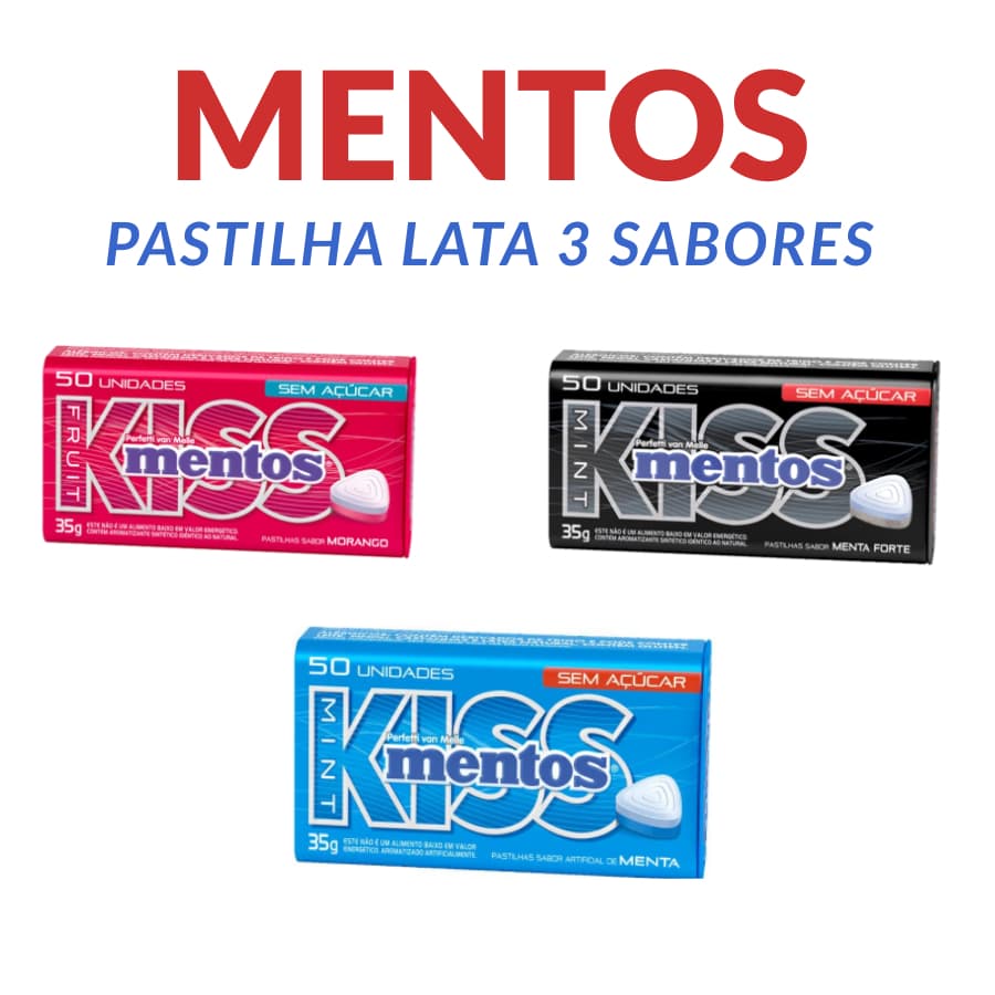 Lata Pastilha Mentos Kiss 35g com 50 Pastilhas 12 Unidades – 3 Sabores