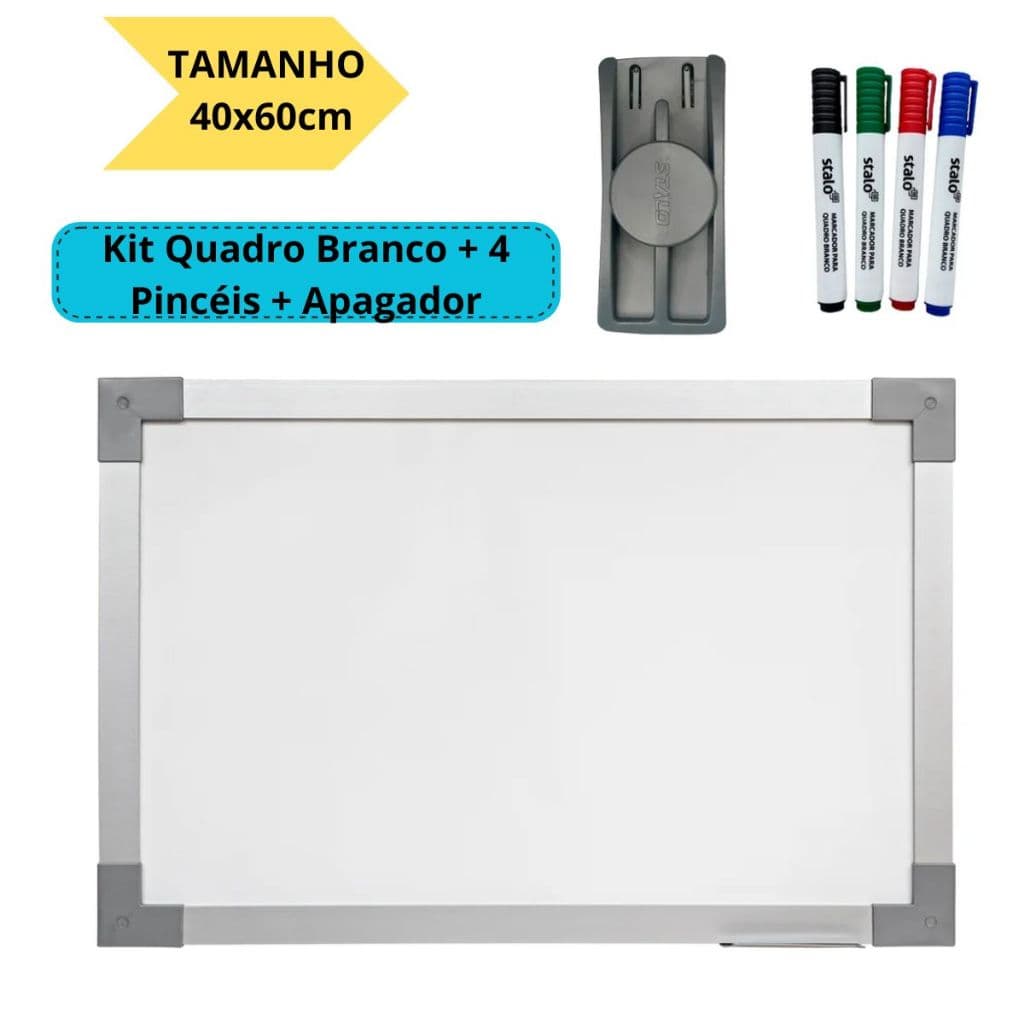 Lousa Branca Quadro Branco 60x40cm + 4 Pincel Marcadores + 1 Apagador BRINDE Didática Escolar Novo