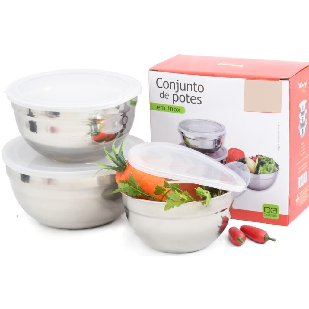 Jogo 3 Potes tigela bowls  Redondos Aço Inox com Tampa Hermética | Bowls Tigelas Porta Mantimentos Cozinha Multiuso
