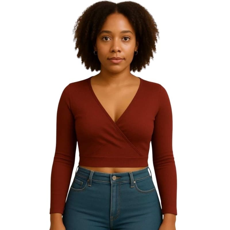 Cropped Feminino Blusinha Feminina Manga Longa Cropped Manga Longa Transpassado Cropped Gola V Cropped Decotado