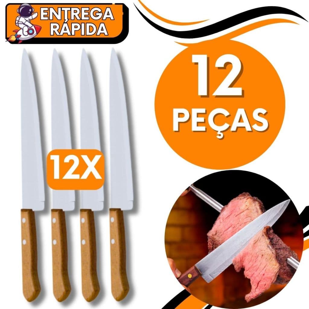 KIT JOGO 12 Faca De Cozinha Inox Profissional 7” do Chef 30cm Cabo Madeira | Para Cozinha Gourmet Carne Churrasco Corte