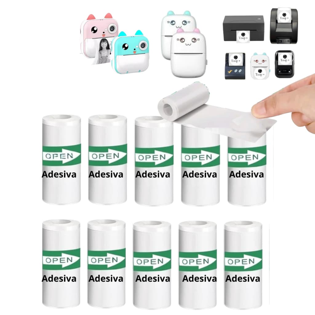 kit 10 Rolo Bobina Adesiva Térmica Mini Impressora Portátil Gatinho 57x30mm Resistente a água