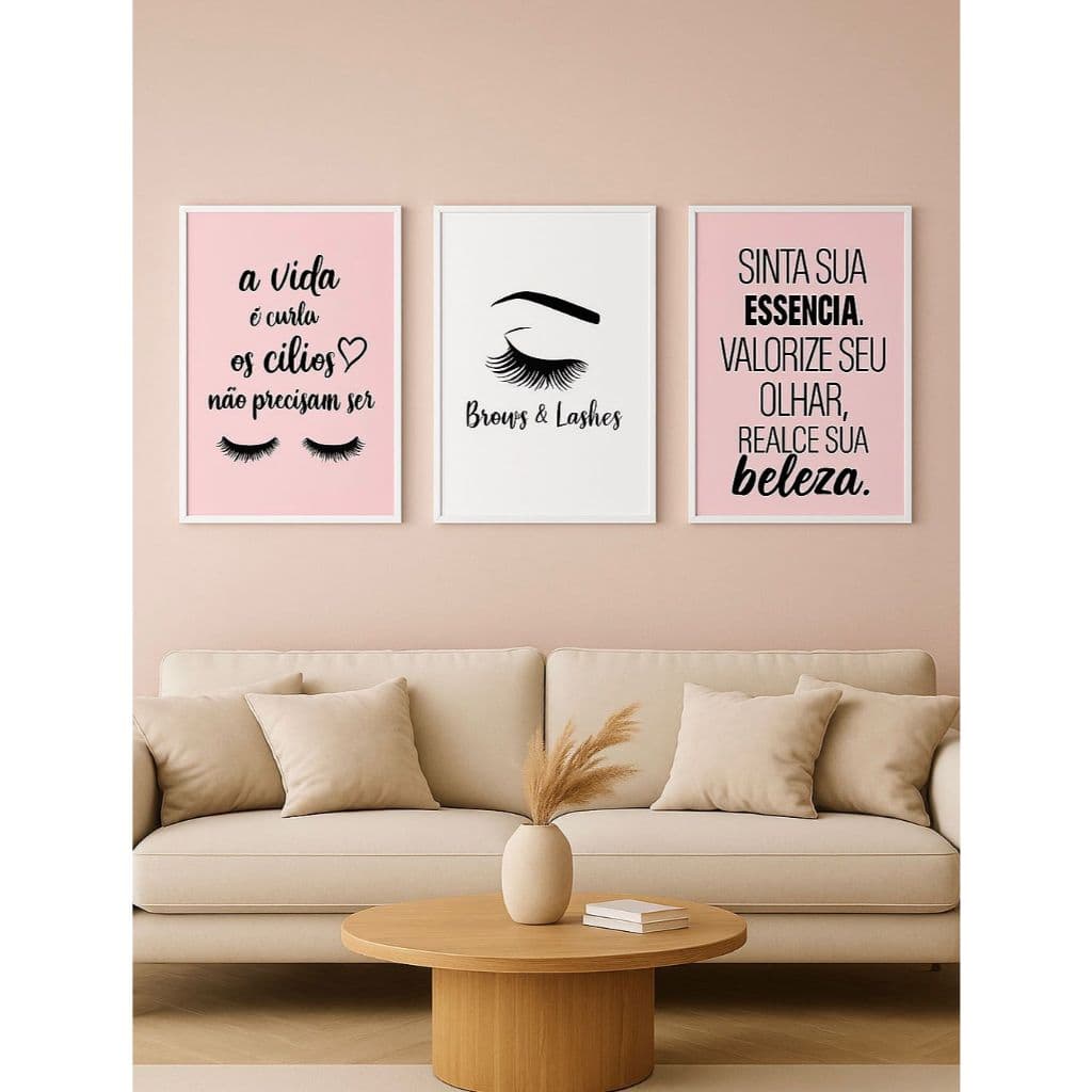 Kit 3 Quadros Decorativos Cílios e Beleza – Rosa, Salão de Estética