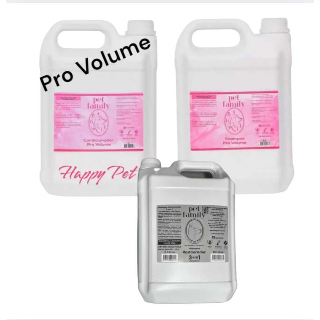 Shampoo e Creme Condicionador Pet Pro Volume Cães Gatos Limpeza Maior Volume dos Pelos + Shampoo Restaurador 3 em1