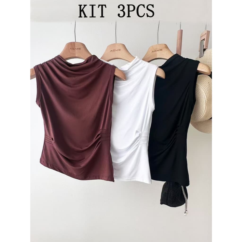 Blusa Feminina Sem Manga Com Gola Plissada Regata Casual Verao Ajustada VIscose
