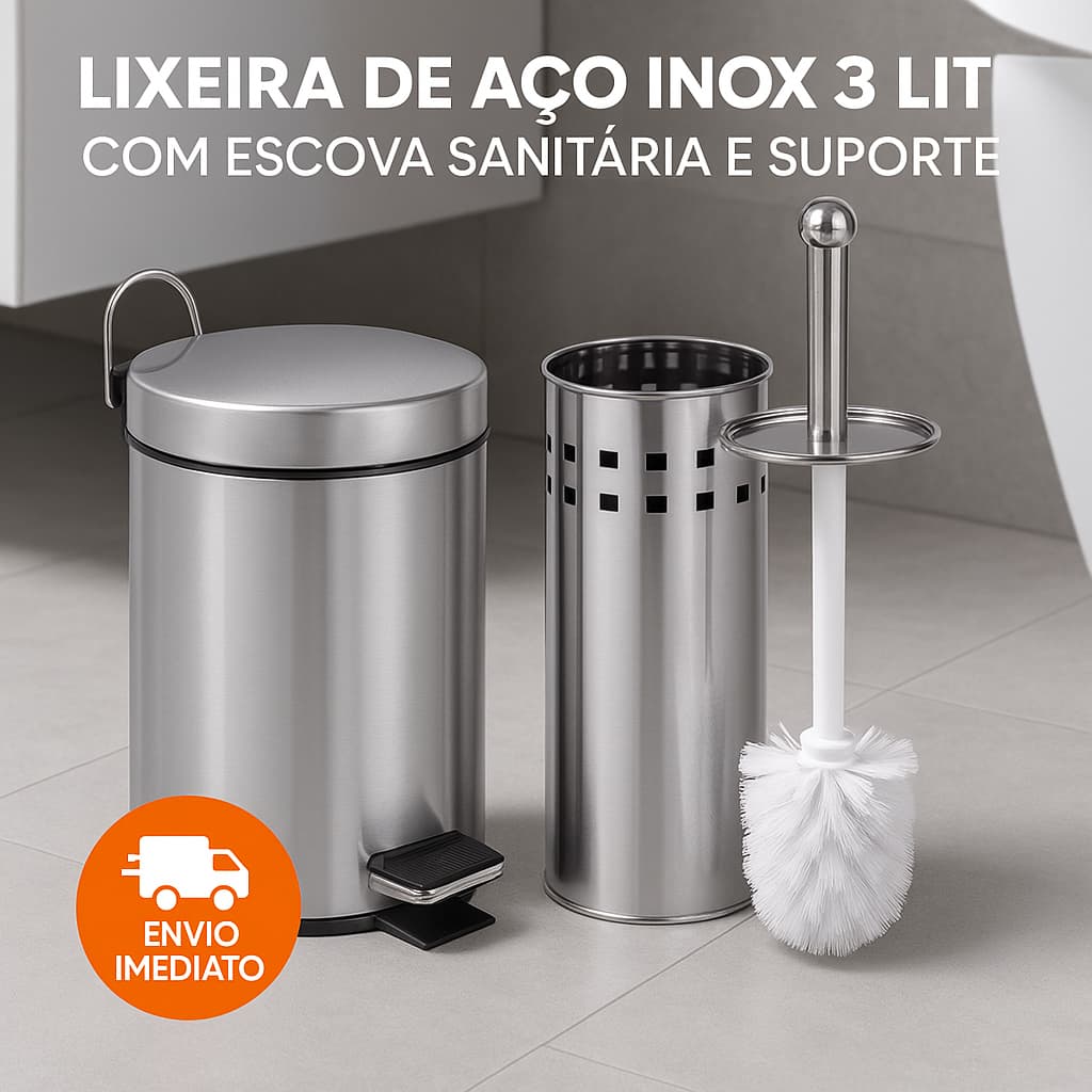 Kit Lixeira Inox 3 L  Pedal  + Escova Sanitária Suporte Lixo Cesto Balde Removível Banheiro